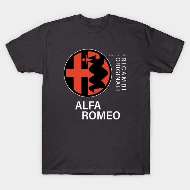 Alfa Romeo Ricambi Originali white text T-Shirt by fmDisegno